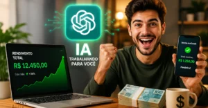 Pessoa trabalhando no notebook usando ChatGPT para criar serviços digitais e ganhar dinheiro online com inteligência artificial.